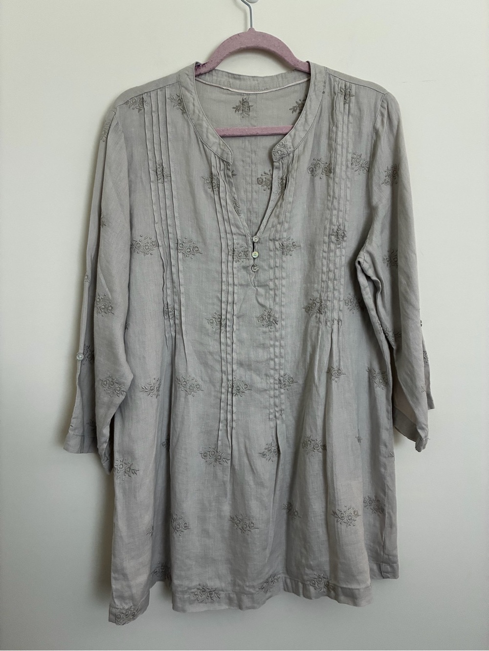 linen Light Gray Embroidered Women's Tunic Top - Soft Button V-Neck large